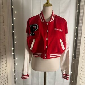 PrettyLittleThing Red Varsity Jacket with White Sleeves
